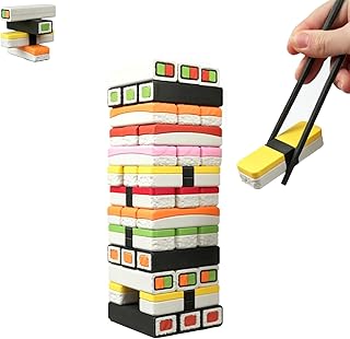 3D-Printed Tumble Tower, Sushi Stack Tumble Tower Game with 4 Iconic Sushi Designs: Tamago, Maki, Uramaki, Nigiri, Sushi Block Stacking Game with Chopsticks and 42 Sushi Pieces (Multicolor, 1 Set)