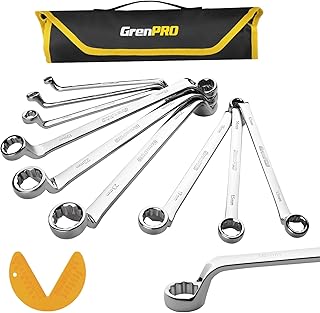 GRENPRO Wrench Set, Offset Wrench Set Metric and Standard, 10PC 6-23mm 75-Degree Large Wrench Kit Tool With Roll Up Pouch With 1 Gauge, Extra Long Big Double Box End Wrenches Sets with 6 Point