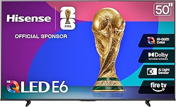 50" E6 Cinema Series Hi-QLED 4K UHD Smart Fire TV (50E6QF, 2025 Model) - AI Light Sensor, Dolby Vision · Atmos, Voice Remote with Alexa, Motion Rate 120, HDR 10+ Adaptive, Game Mode Plus