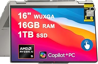 Yoga 7 2-in-1 Laptop 16" WUXGA IPS Touch (Glossy Anti-Fingerprint) AMD 6-core Ryzen AI 5 340 (Up to 50 Tops) 16GB RAM 1TB SSD Pen for Creator Business Professional Win11 ICP Hub