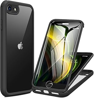 Miracase for iPhone SE Phone Case 3rd/2nd Generation 2022 2020 Full-Body with Built-in Glass Screen Protector, Heavy Duty 360° Protective Shockproof Bumper Cover for iPhone 8/SE 4.7 Inch, Black