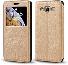Viewable Window Leather Flip Case Compatible with Samsung Galaxy Mega 5.8 I9150, Elegant Design Clear Display Invisible Magnetic Cover and Card Slot(Gold)