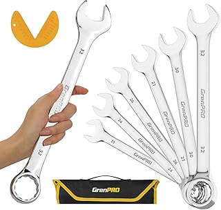 GRENPRO Metric Wrench Set, Large Wrench Set Metric and Standard, 7PC 23mm, 24mm, 26mm, 27mm, 30mm, 32mm Long Big Open End Wrench Tool Set Roll Up Pouch Organizer with Gauge, Combination Wrenches Sets