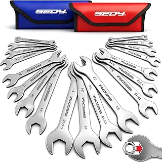 19-Piece Super Thin Open-End Wrench Set, SAE 1/4"-1-1/16" & Metric 5.5–27 mm, 3 mm Thickness Slim Wrench Set for Tight Spaces, Nickel Plated Flat Wrenches with Red & Blue Rolling Storage Pouches