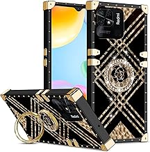 Classic Phone Case for Xiaomi Redmi 10C with Ring Kickstand, Luxury Elegant Metal Decoration Corner Soft TPU Women Case Cover for Xiaomi Redmi 10C BF Plaid Black