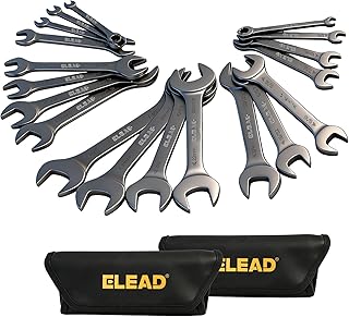 ELEAD 19-Piece Super-Thin Open End Wrench Set, Metric 5.5–27 mm & SAE 1/4"-1-1/16", CR-V Nickel Plated, 3 mm Thickness Ultra-Slim Wrench Set for Tight Spaces, Durable Roll-Up Pouch for Mechanics