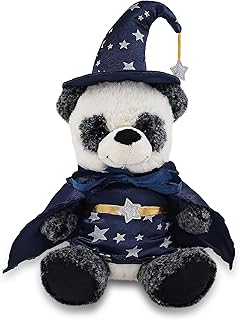 DolliBu Sitting Panda Stuffed Animal with Wizard Costume and Name Personalization - Cute Wildlife Plush Toy with Magical Dress Up Set Blue Cape and Wizard Hat with Silver Stars - 9 Inches