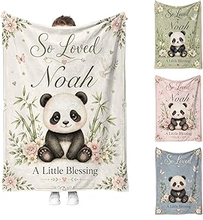 Personalized Baby Blanket with Name, Custom Panda Nursery Throw Blanket for Boys Girls, Ultra-Soft Flannel Fleece, Spiritual So Loved Theme Baptism