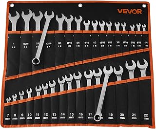 VEVOR Combination Wrench Set, 32-Piece SAE and Metric, 12-Point Box End and 15° Angled Open End Combination Wrenches with Roll Up Pouch, Carbon Steel, for General Household and Automotive Repairs