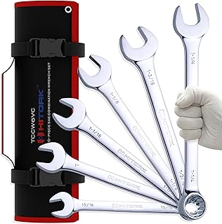 Hitork 6-Piece Large SAE Wrench Set, 12-Point Box End, Drop Forged Chrome-Plated Cr-V Steel, 15° Offset, Polished, Roll Pouch Included – Sizes 15/16” to 1-1/4”