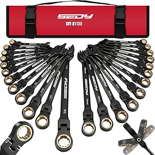 Premium 24-Piece Flex-Head Ratcheting Wrench Set, Metric(8–19mm)& SAE(1/4-7/8") Combination Wrenches, 72-Tooth CR-V Steel with Durable Black Finish, Ratchet Spanners with Roll-Up Tool Pouch for Repair