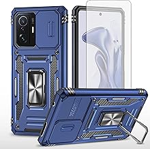 Phone Case for Xiaomi Mi 11T/Mi11T Pro 5G with Tempered Glass Screen Protector and Slide Camera Cover Magnetic Ring Holder Kickstand Cell Accessories Slim Mi11TPro T11 G5 Women Men Navy Blue