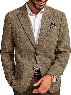 Mens Blazer Vintage Herringbone Tweed Blazer Two Button Wool Blend Sport Coat with Pocket Square