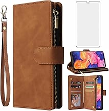 Asuwish Compatible with Samsung Galaxy A10e Wallet Case and Tempered Glass Screen Protector Leather Flip Cover Card Holder Cell Accessories Phone Cases for Glaxay A 10e Gaxaly 10ae S102DL Women Brown