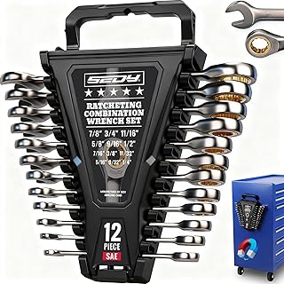 Premium 12-Piece SAE Ratchet Wrenches Set with Magnetic Organizer 1/4"-7/8", 72-Tooth Ratcheting Wrench Set, Cr-V Steel Ratchet Combination Wrench Set for Automotive, Machine Repair