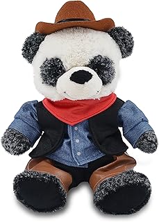 DolliBu Sitting Panda Stuffed Animal Cowboy Plush with Name Personalization - Western-Themed Bear Plush with Cute Cowboy Costume Denim Shirt Vest, Bandana, Leather Pants, and Hat - 9 Inches