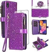 Asuwish Phone Case for Samsung Galaxy A10e Wallet Accessories Stand Cell Cover with Tempered Glass Screen Protector Strap Bling Glitter Zipper Flip Credit Card Holder A 10e 10ae S102DL Women Purple